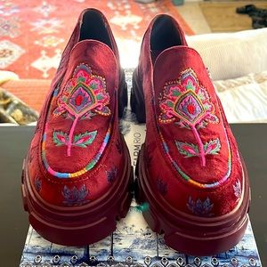 Farm Rio embroidered lug sole slip on loafers in burgundy